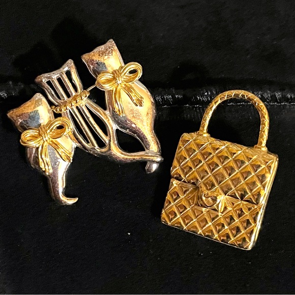 Brooch Lapel Pin Goldtone Handbag Gold/Silver Tone 3 Cats - Picture 2 of 11